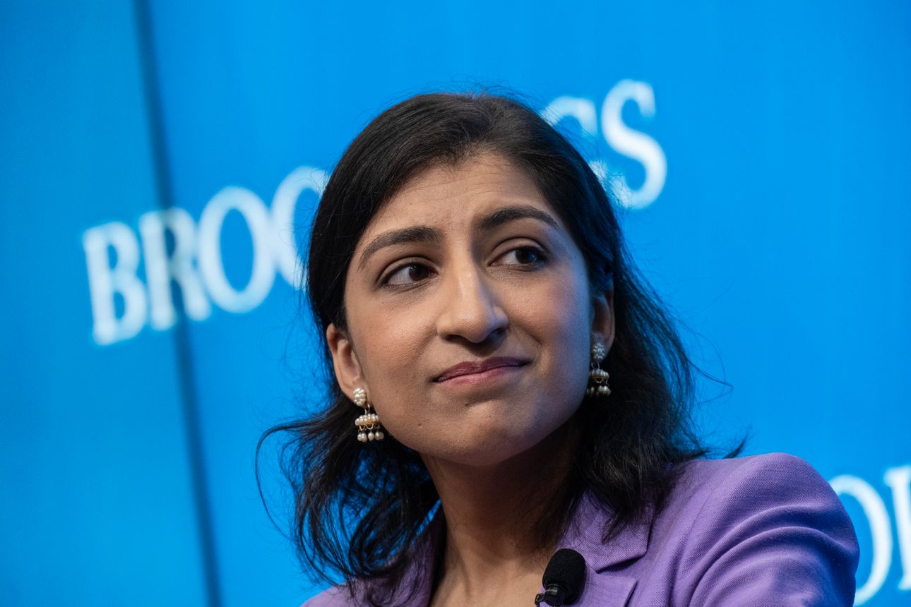 Federal Trade Commission Chair Lina Khan speaks during a discussion on antitrust reforms at the Brookings Institution October 4, 2023 in Washington, DC.