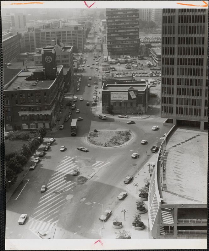 An aerial view of Kendall Square, where the road forks.