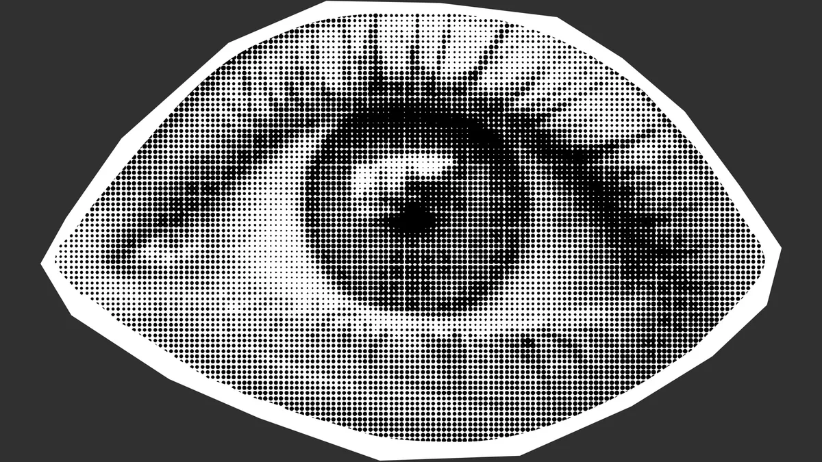 Halftone collage of eye on dark background.