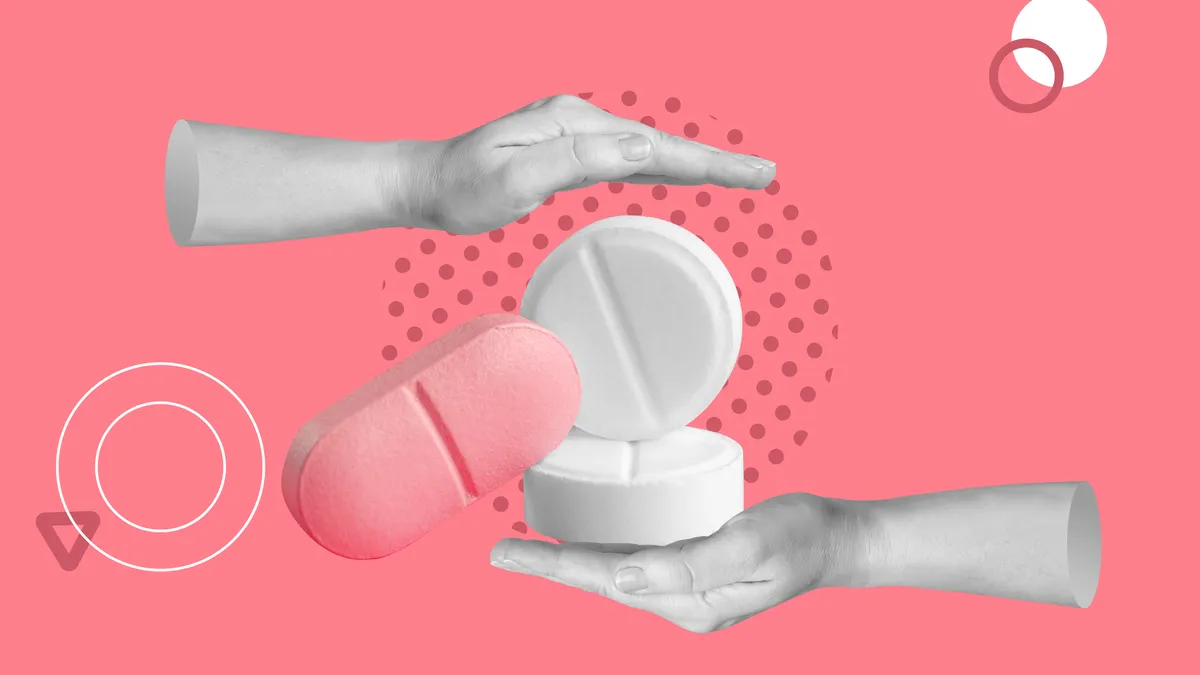 Feminine Health, hormones, concept medicine. Pink and white pills between women's hands.