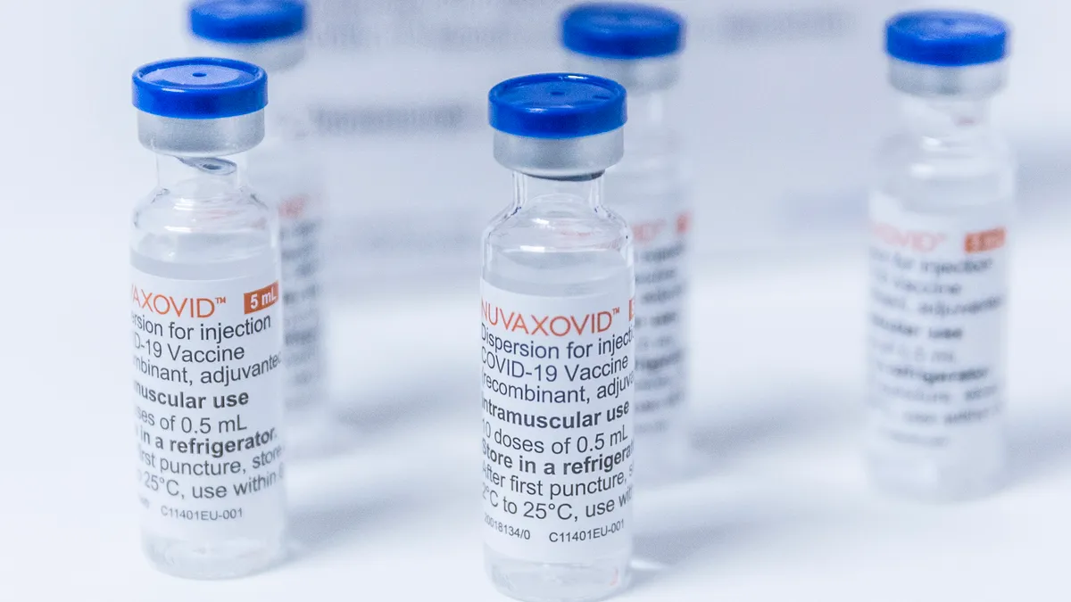 Ampoules of Novavax's COVID-19 vaccine prepared in Berlin, Germany.